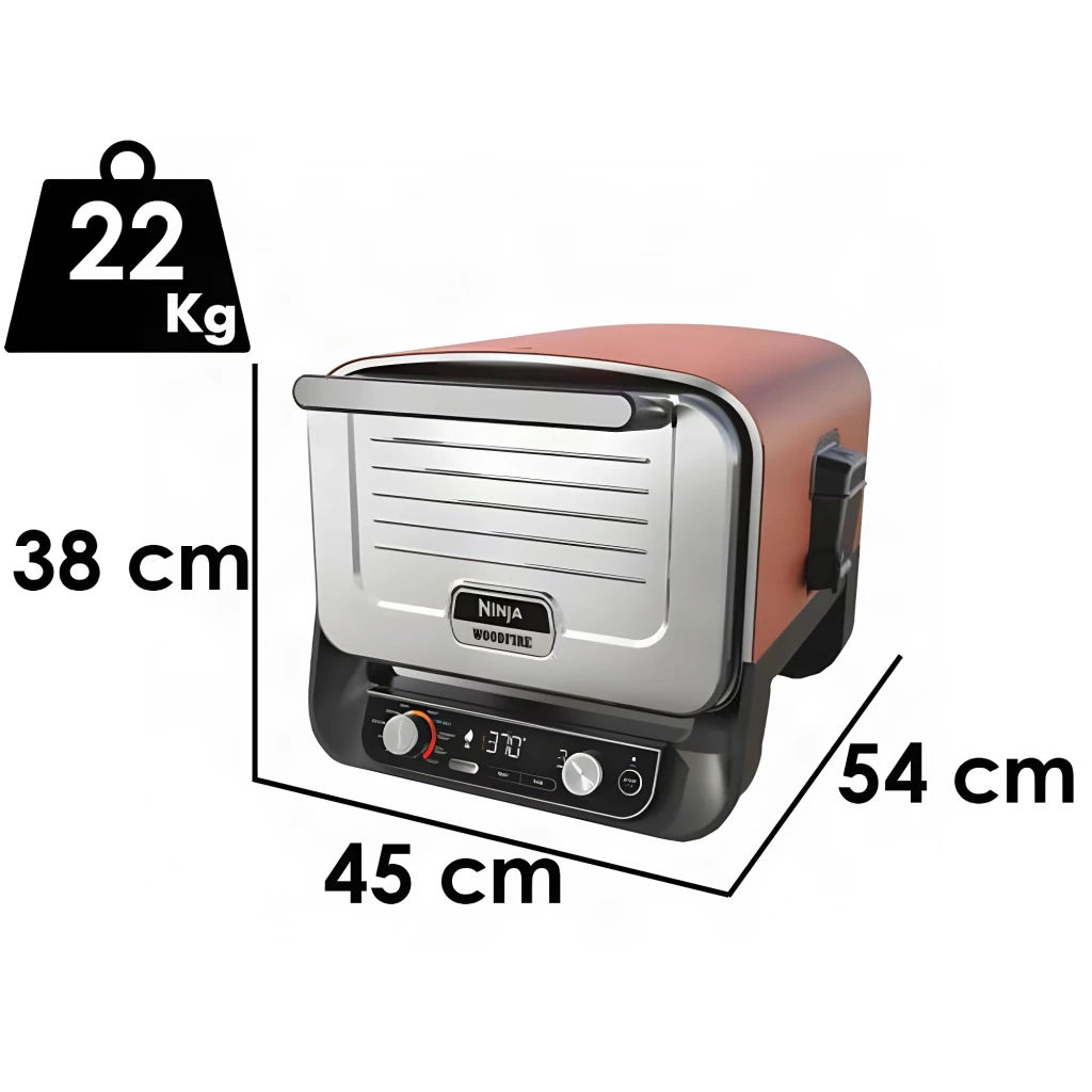 Ninja Woodfire OO101EU Horno pizza exterior Gris, vista frontal 3/4: puerta acero inox, panel digital 370° y mandos - Ítem5