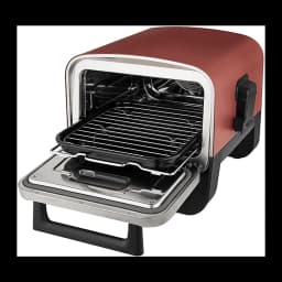 Ninja Woodfire OO101EU four pizza extérieur gris, intérieur ouvert: grille, plateau et accessoires inclus visibles