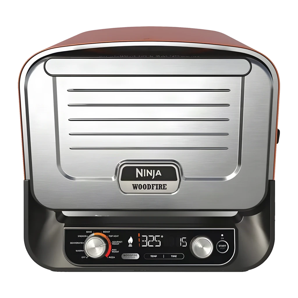 Ninja Woodfire OO101EU Horno pizza exterior Gris, vista frontal 3/4: puerta acero inox, panel digital 370° y mandos - Ítem1
