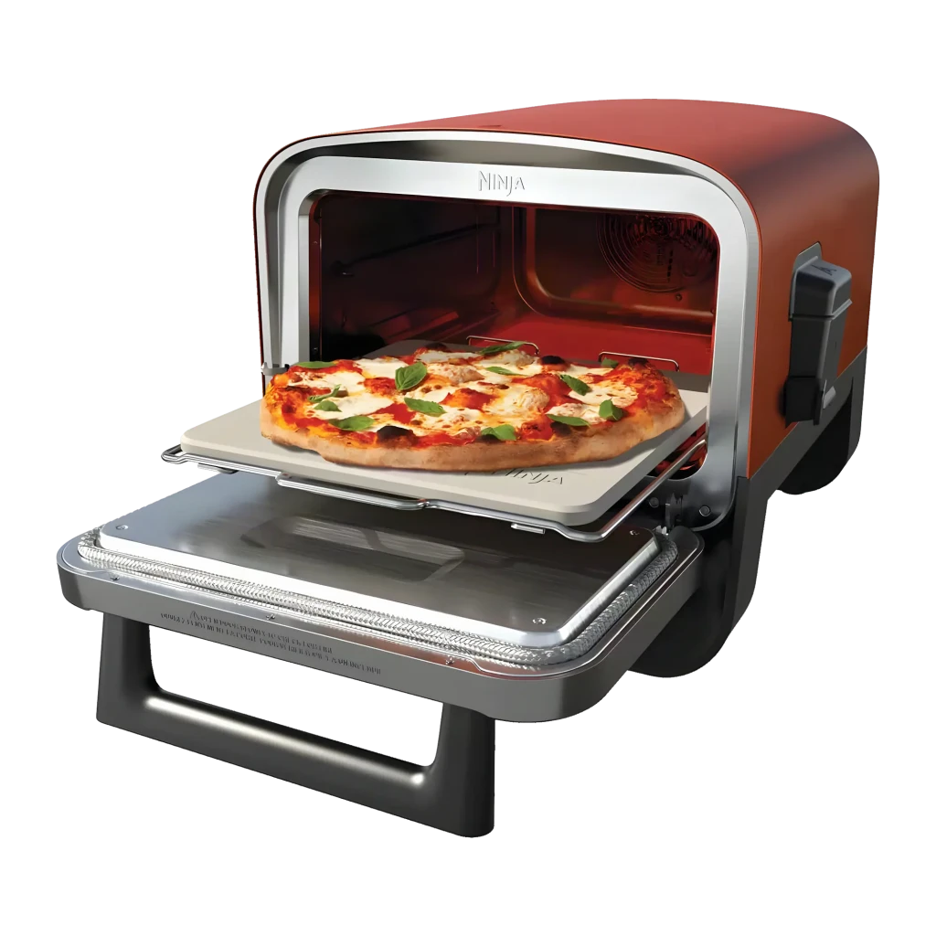 Ninja Woodfire OO101EU Horno pizza exterior Gris, vista frontal 3/4: puerta acero inox, panel digital 370° y mandos - Ítem2