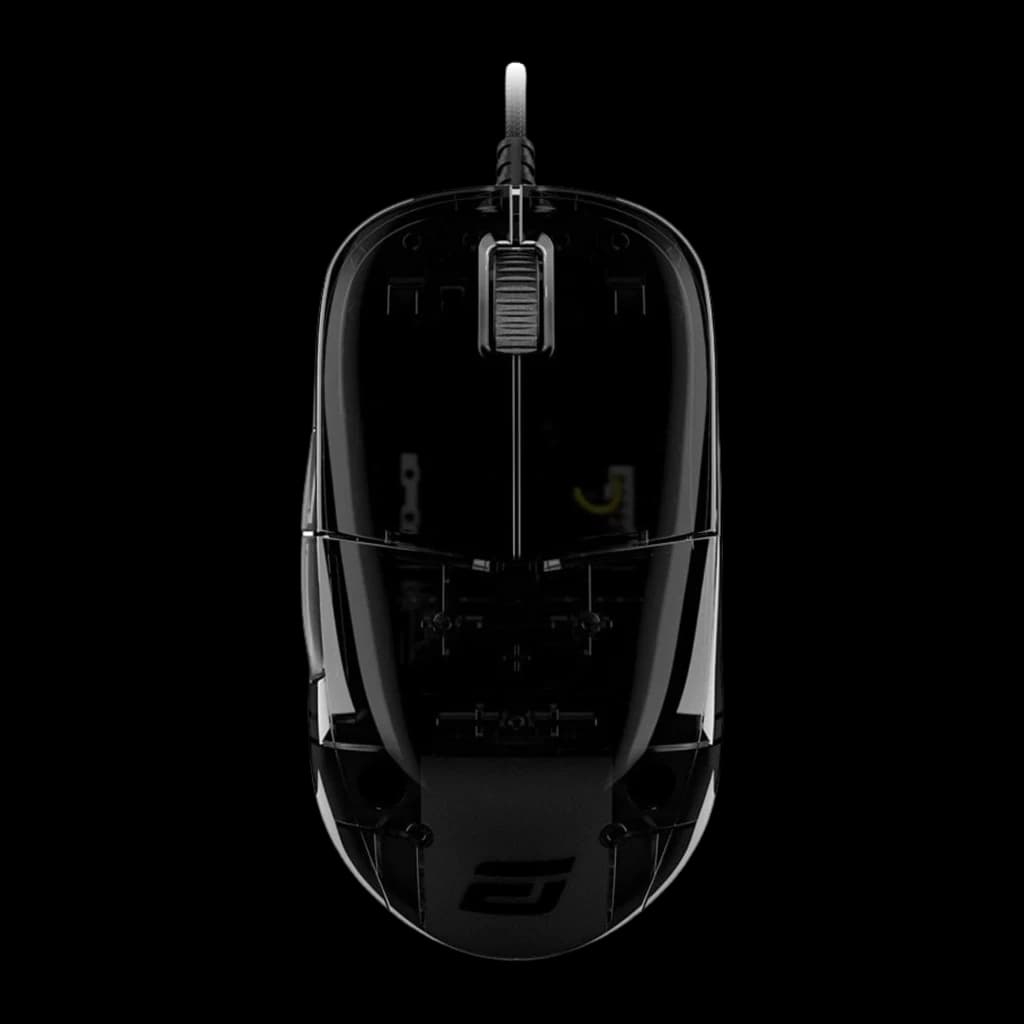 Endgame Gear XM1r Dark Reflex negro semitransparente, vista superior: carcasa brillante, rueda central y logo Endgame Gear