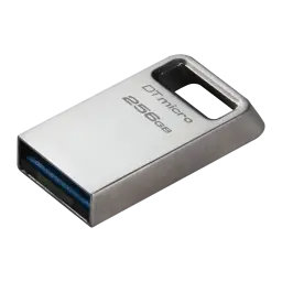 Kingston DataTraveler Micro 256GB prata, vista em perspectiva: corpo metálico com gravação DT micro 256GB e conector USB-A
