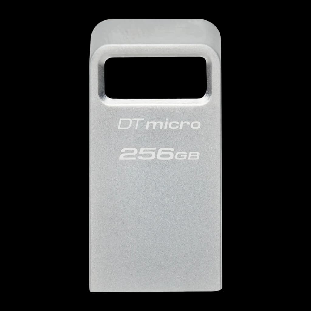 Kingston DataTraveler Micro 256GB Prata, vista frontal: corpo metálico com alça integrada e gravação DT micro 256GB