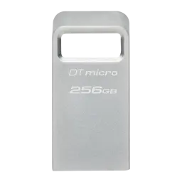 Kingston DataTraveler Micro 256GB Prata, vista frontal: corpo metálico com alça integrada e gravação DT micro 256GB