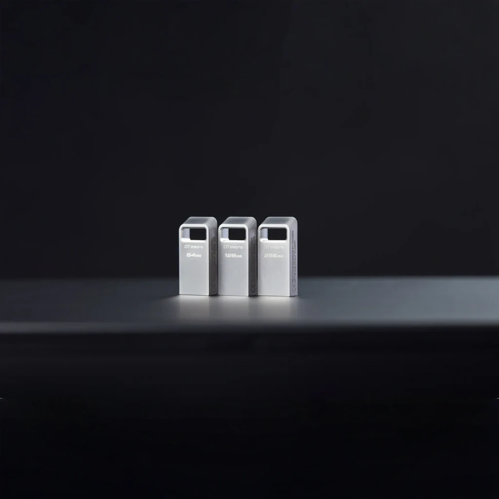 Kingston DataTraveler Micro 256GB Argent, comparaison: trois unités 64GB, 128GB et 256GB sur surface sombre