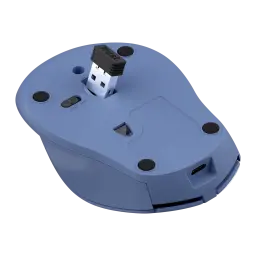 Trust Zaya 1600 DPI Bleu, vue du dessous: récepteur nano USB sorti, interrupteur ON/OFF et port USB-C de charge