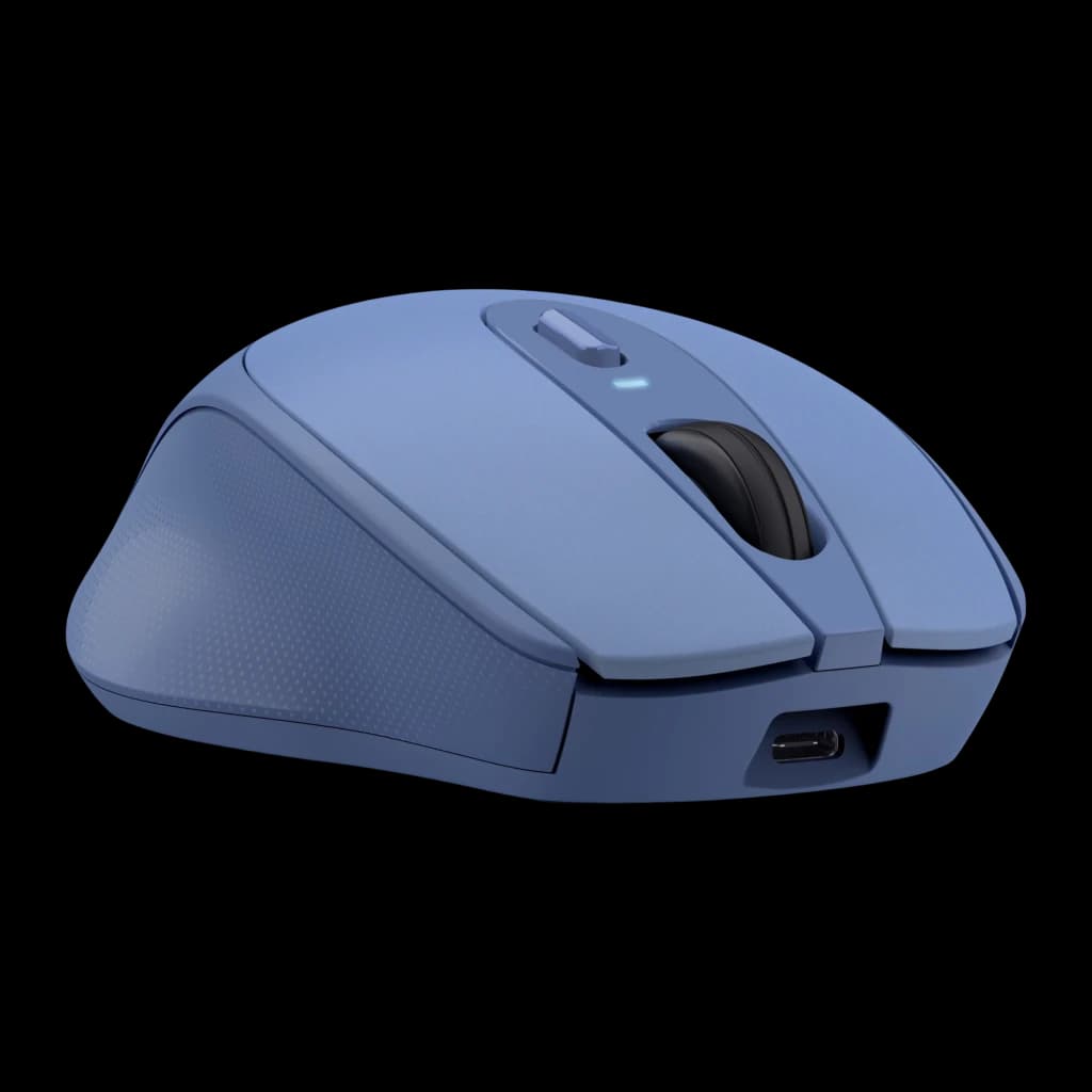 Trust Zaya 1600 DPI Bleu, vue avant-latérale: port USB-C visible à l'avant, LED indicateur et molette noire