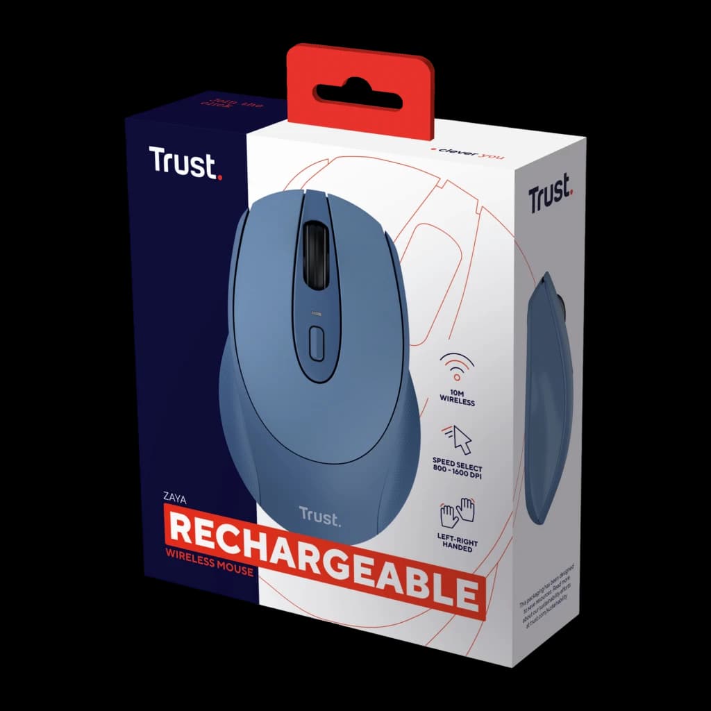 Trust Souris Zaya Sans Fil 1600 DPI Bleue, boîte: emballage en angle avec souris bleue et caractéristiques