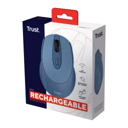 Trust Souris Zaya Sans Fil 1600 DPI Bleue, boîte: emballage en angle avec souris bleue et caractéristiques