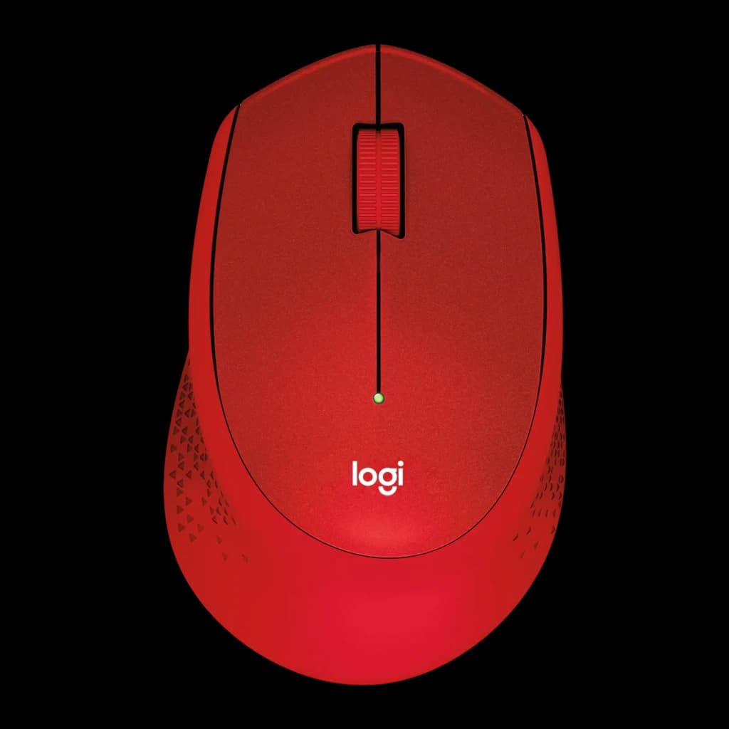 Logitech Souris M330 Silent Plus rouge, vue du dessus: molette, logo logi et zones de préhension texturées