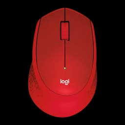 Logitech Souris M330 Silent Plus rouge, vue du dessus: molette, logo logi et zones de préhension texturées