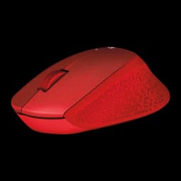 Logitech Souris M330 Silent Plus rouge, vue latérale droite: profil ergonomique, molette et texture triangulaire du flanc