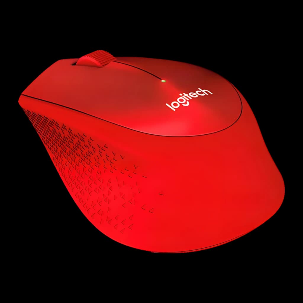 Logitech Souris M330 Silent Plus Rouge, vue latérale: texture antidérapante, molette de défilement et logo illuminé