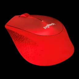 Logitech Souris M330 Silent Plus Rouge, vue latérale: texture antidérapante, molette de défilement et logo illuminé