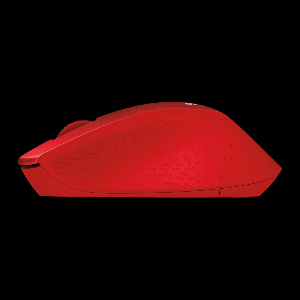 Logitech Souris sans fil M330 Silent Plus rouge, vue latérale: profil ergonomique avec texture triangulaire et molette