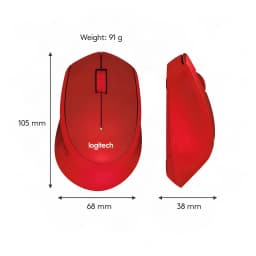 Logitech Souris M330 Silent Plus rouge, vues dessus et côté: dimensions 105x68x38 mm et poids 91 g