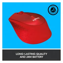 Logitech Souris M330 Silent Plus Rouge, vue latérale: texture grip, logo et LED indicateur sur fond bleu