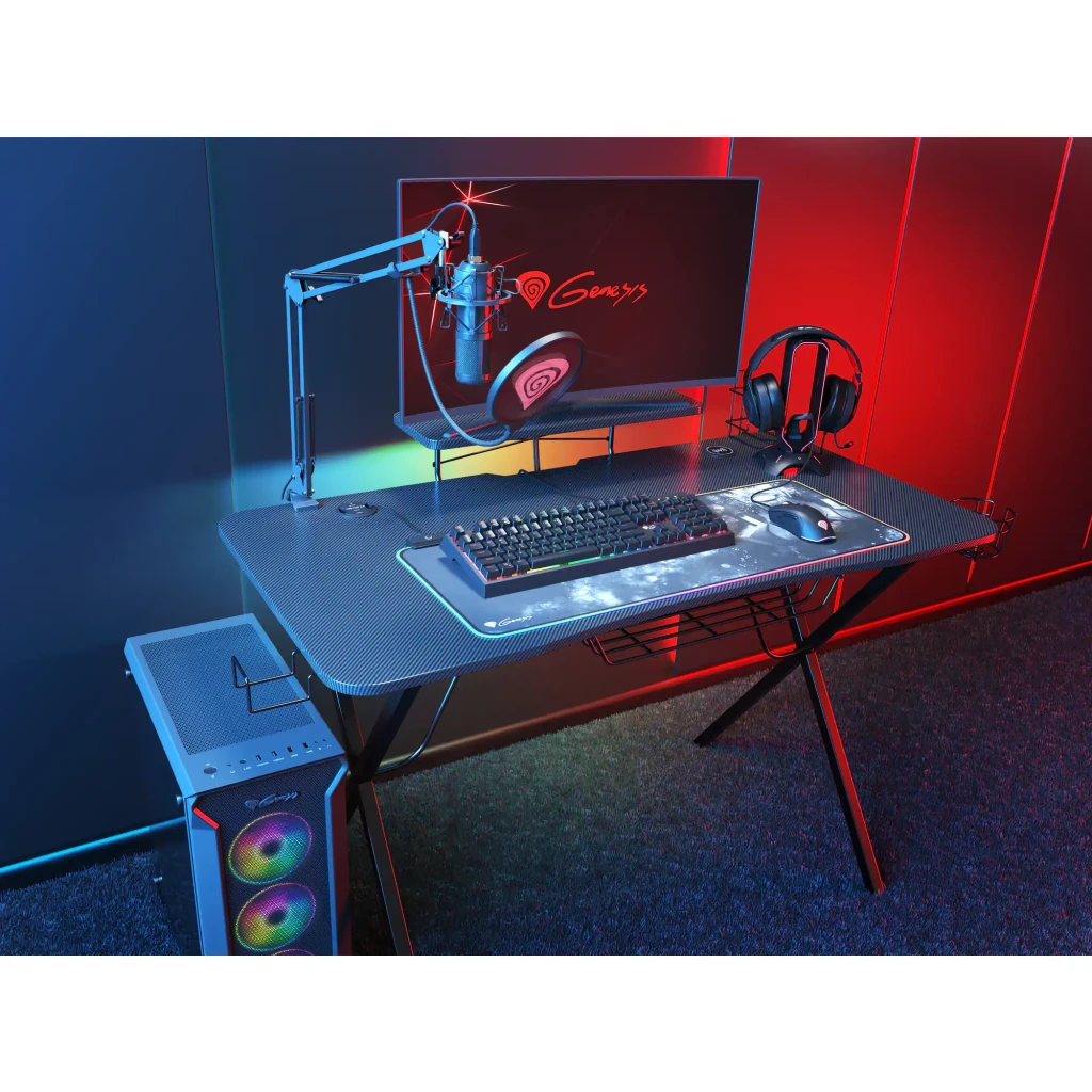 Genesis Vanad 500 Negro, vista en ángulo: soporte auriculares y ratón con iluminación RGB roja en arco y base con puerto USB - Ítem4