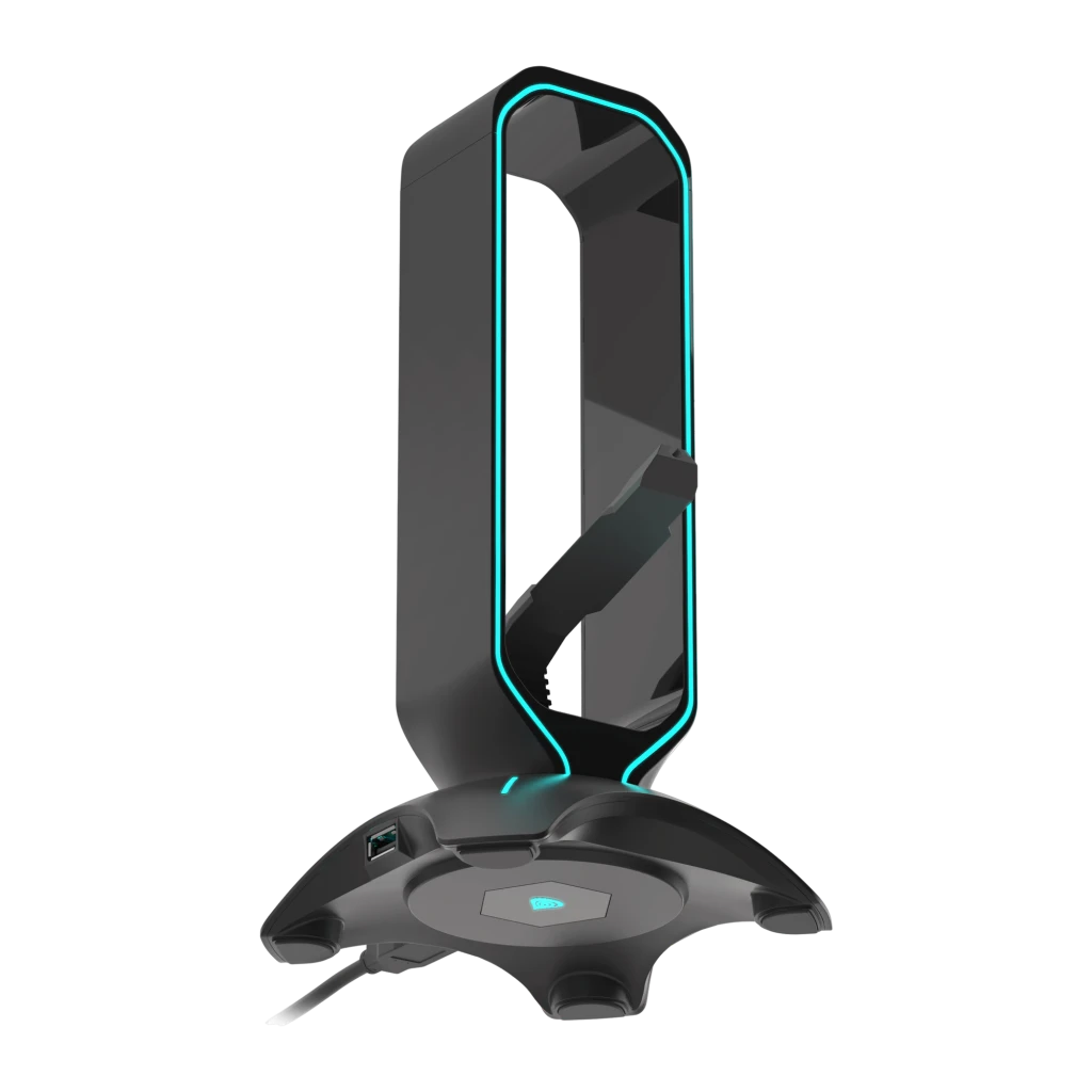Genesis Vanad 500 Negro, vista en ángulo: soporte auriculares y ratón con iluminación RGB roja en arco y base con puerto USB - Ítem3