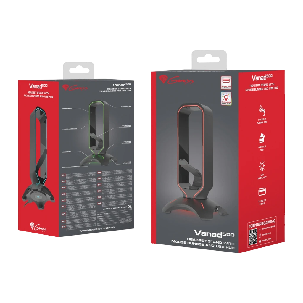 Genesis Vanad 500 Negro, vista en ángulo: soporte auriculares y ratón con iluminación RGB roja en arco y base con puerto USB - Ítem5