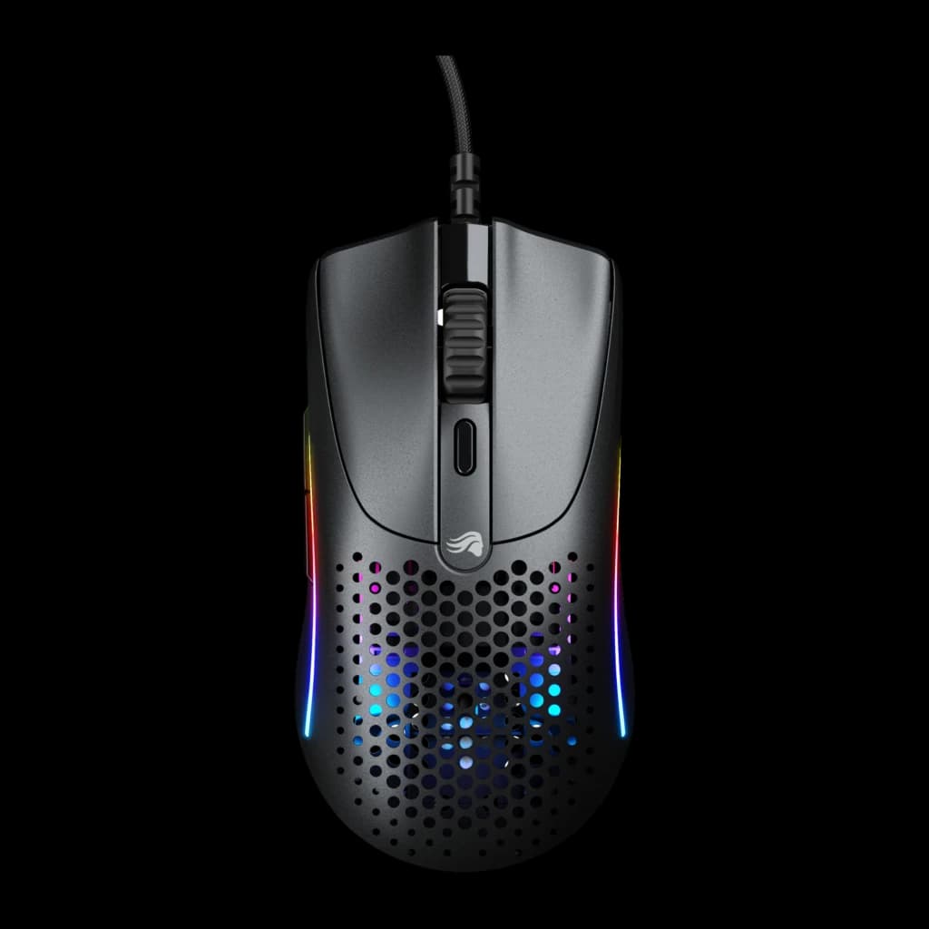 Glorious Model O 2 Mini noir, vue du dessus: coque honeycomb avec éclairage RGB latéral et câble tressé
