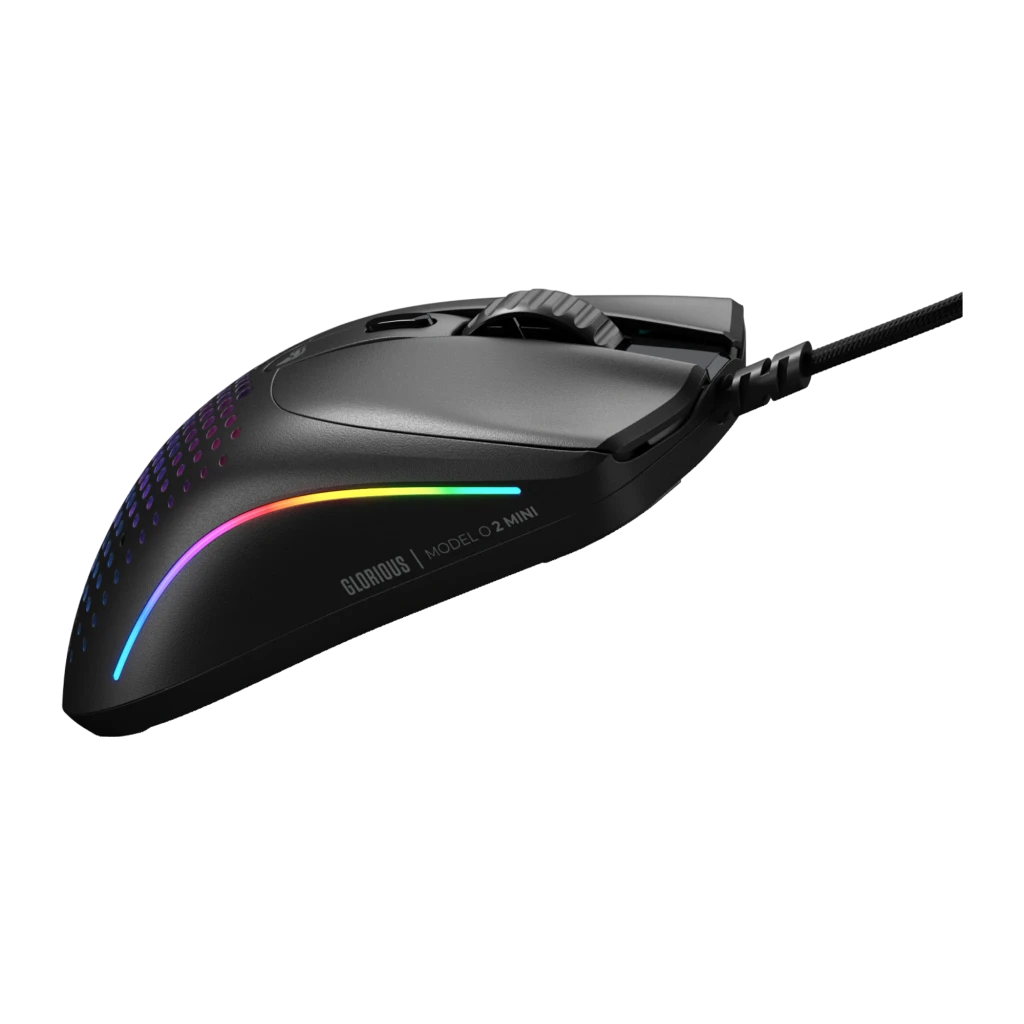 Glorious Model O 2 Mini noir, vue du dessus: coque honeycomb avec éclairage RGB latéral et câble tressé - Ítem10