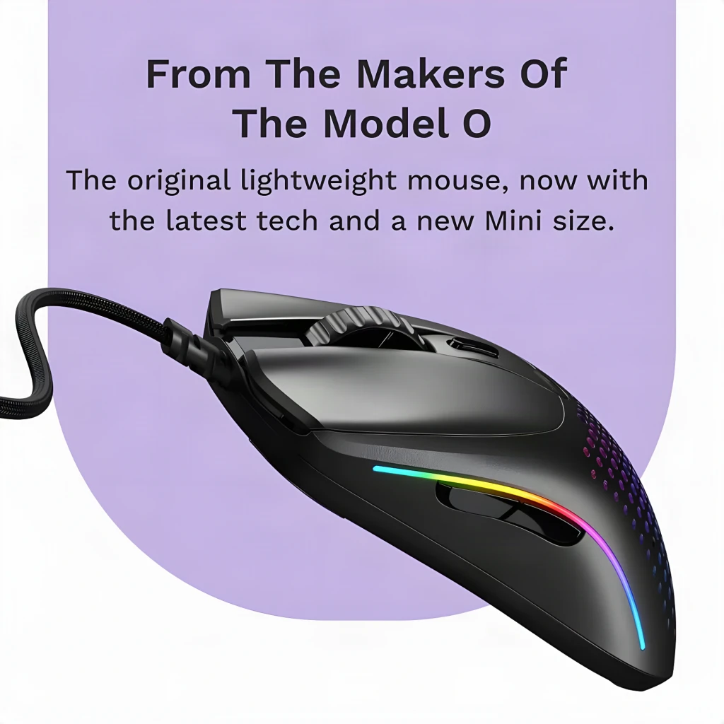 Glorious Model O 2 Mini noir, vue du dessus: coque honeycomb avec éclairage RGB latéral et câble tressé - Ítem11