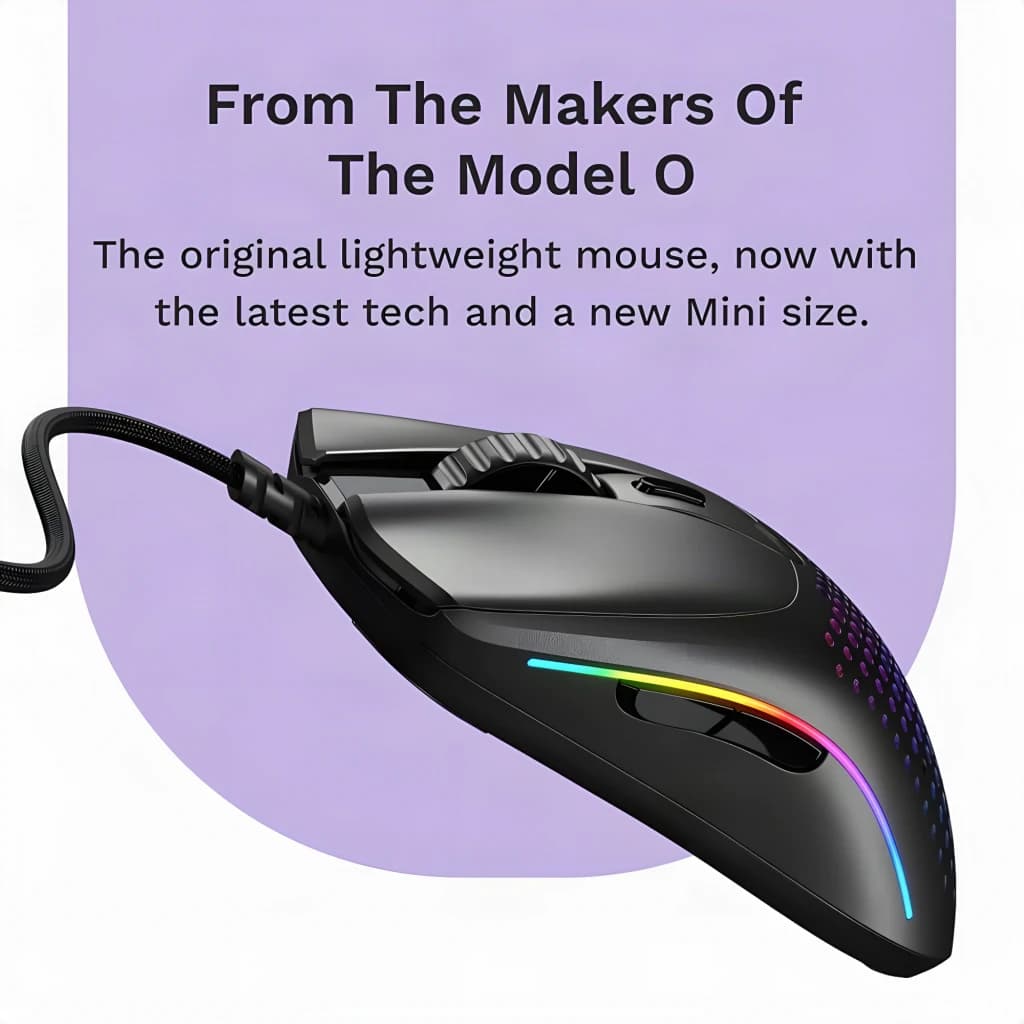 Glorious Model O 2 Mini noir, vue latérale: éclairage RGB sur la base, perforations latérales et câble tressé