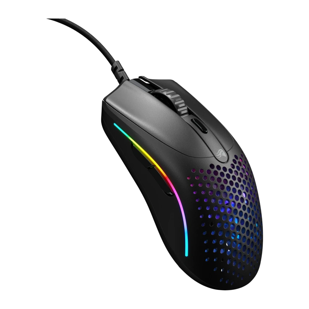 Glorious Model O 2 Mini noir, vue du dessus: coque honeycomb avec éclairage RGB latéral et câble tressé - Ítem1