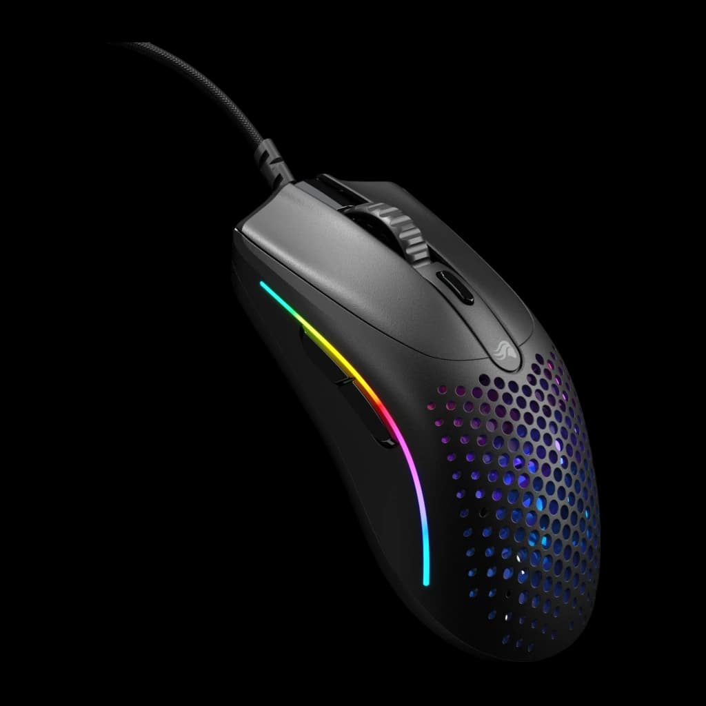 Glorious Model O 2 Mini noir, vue latérale: coque perforée avec éclairage RGB en arc et câble tressé