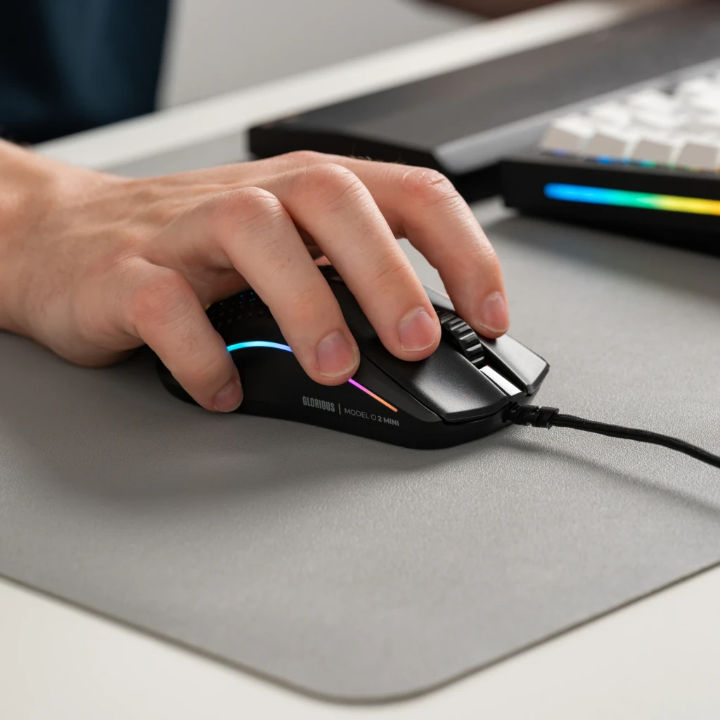 Glorious Model O 2 Mini noir, vue du dessus: coque honeycomb avec éclairage RGB latéral et câble tressé - Ítem3