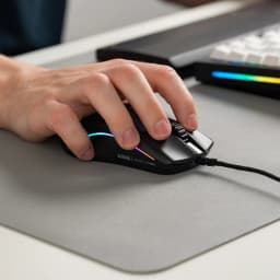 Glorious Model O 2 Mini noir, utilisation bureau: main tenant la souris avec éclairage RGB latéral visible