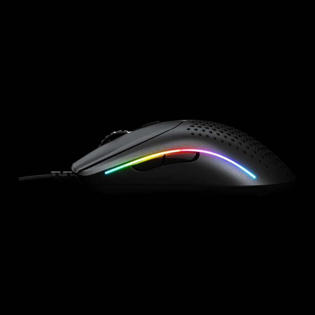 Glorious Gaming Model O 2 Mini noir, vue latérale: éclairage RGB sur la base et coque perforée avec câble tressé