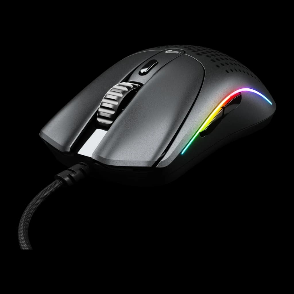 Glorious Gaming Model O 2 Mini noir, vue latérale-avant: éclairage RGB latéral, molette texturée et câble tressé