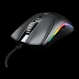 Glorious Gaming Model O 2 Mini noir, vue latérale-avant: éclairage RGB latéral, molette texturée et câble tressé