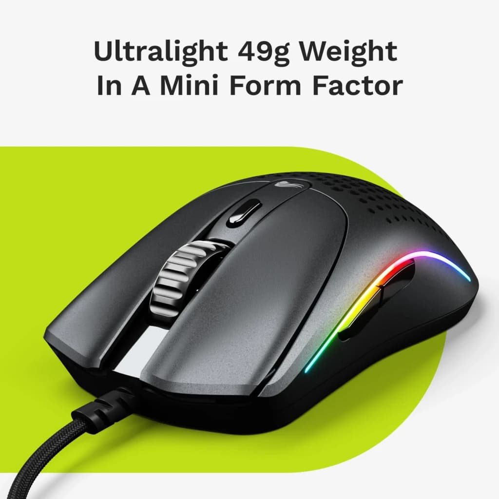 Glorious Gaming Model O 2 Mini Noir, vue latérale: éclairage RGB sur le côté et molette de défilement visible