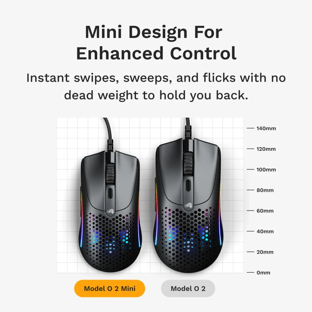Glorious Model O 2 Mini noir, vue du dessus: coque honeycomb avec éclairage RGB latéral et câble tressé - Ítem9