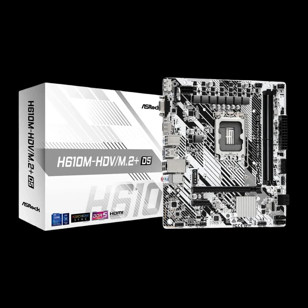 ASRock H610M-HDV/M.2+ D5 96GB Blanc, boîte et carte: emballage blanc avec modèle imprimé à côté de la carte mère Micro ATX