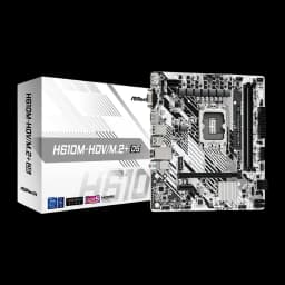 ASRock H610M-HDV/M.2+ D5 96GB Blanc, boîte et carte: emballage blanc avec modèle imprimé à côté de la carte mère Micro ATX