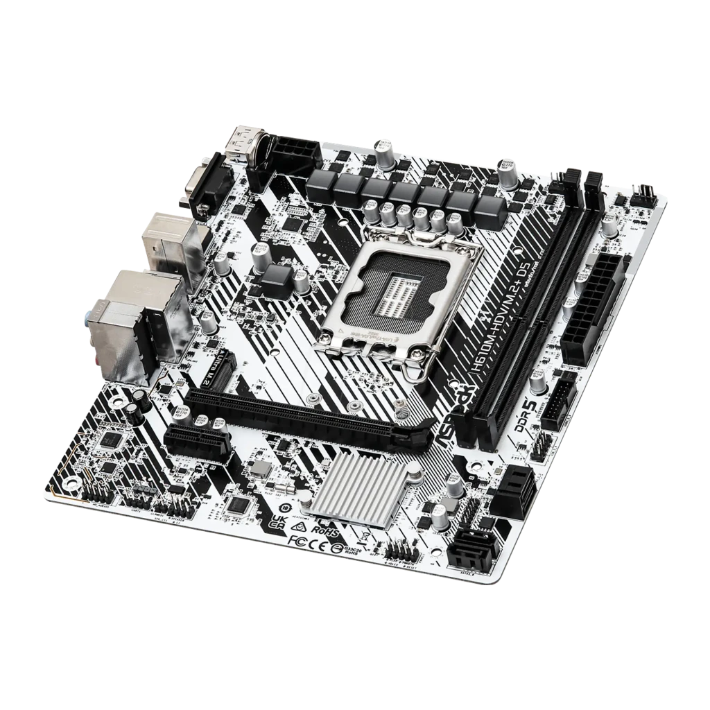ASRock H610M-HDV/M.2+ D5 96GB Blanc, boîte et carte: emballage blanc avec modèle imprimé à côté de la carte mère Micro ATX - Ítem2