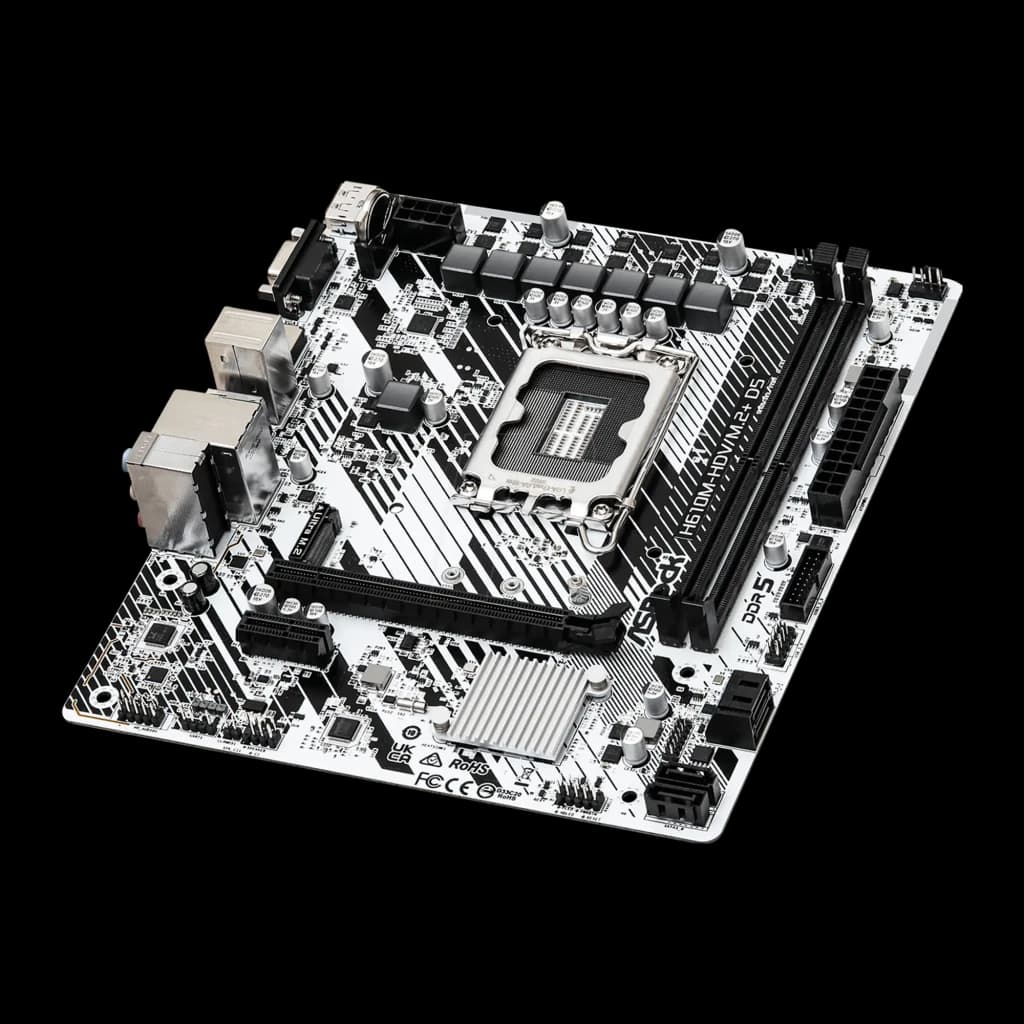 ASRock H610M-HDV/M.2+ D5 96GB Blanc, vue en perspective: angle diagonal montrant slot PCIe, dissipateur M.2 et connecteurs
