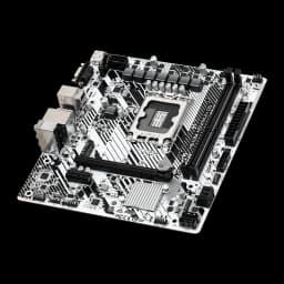 ASRock H610M-HDV/M.2+ D5 96GB Blanc, vue en perspective: angle diagonal montrant slot PCIe, dissipateur M.2 et connecteurs