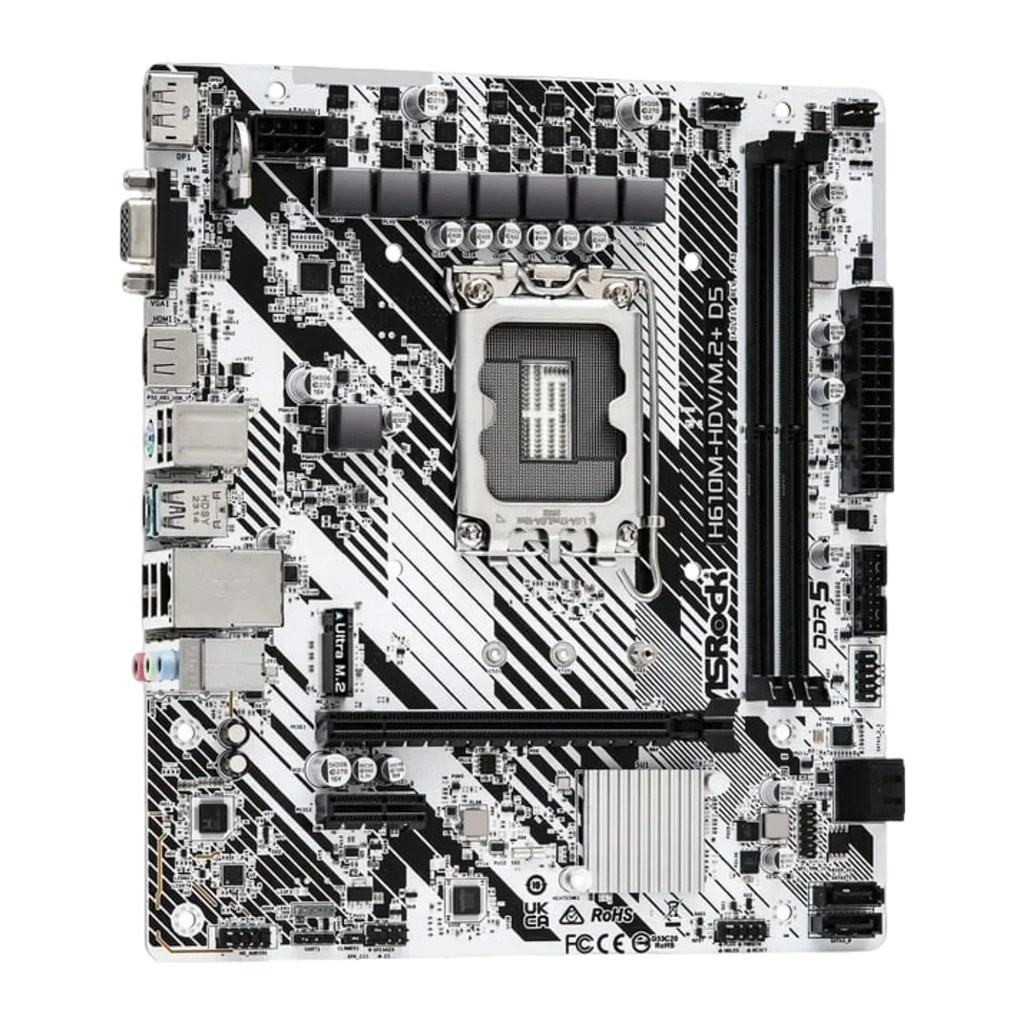 ASRock H610M-HDV/M.2+ D5 96GB Blanc, boîte et carte: emballage blanc avec modèle imprimé à côté de la carte mère Micro ATX - Ítem1