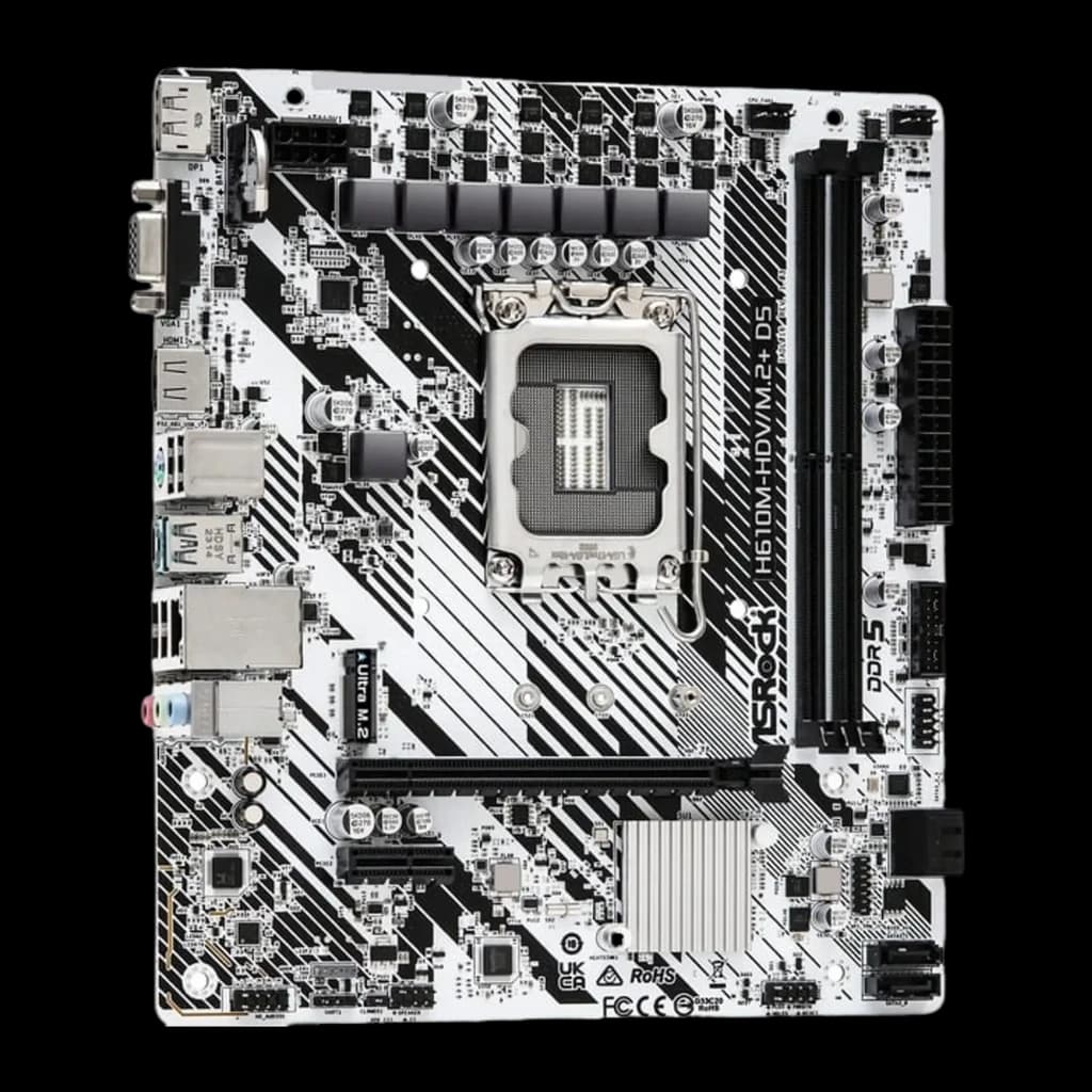 ASRock H610M-HDV/M.2+ D5 96GB Blanc, vue de face: PCB blanc avec motif diagonal noir, socket LGA1700, slots DDR5 et ports I/O
