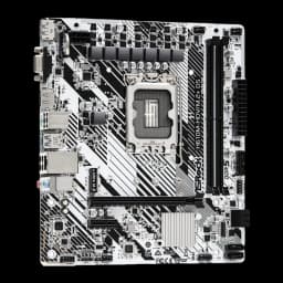 ASRock H610M-HDV/M.2+ D5 96GB Blanc, vue de face: PCB blanc avec motif diagonal noir, socket LGA1700, slots DDR5 et ports I/O