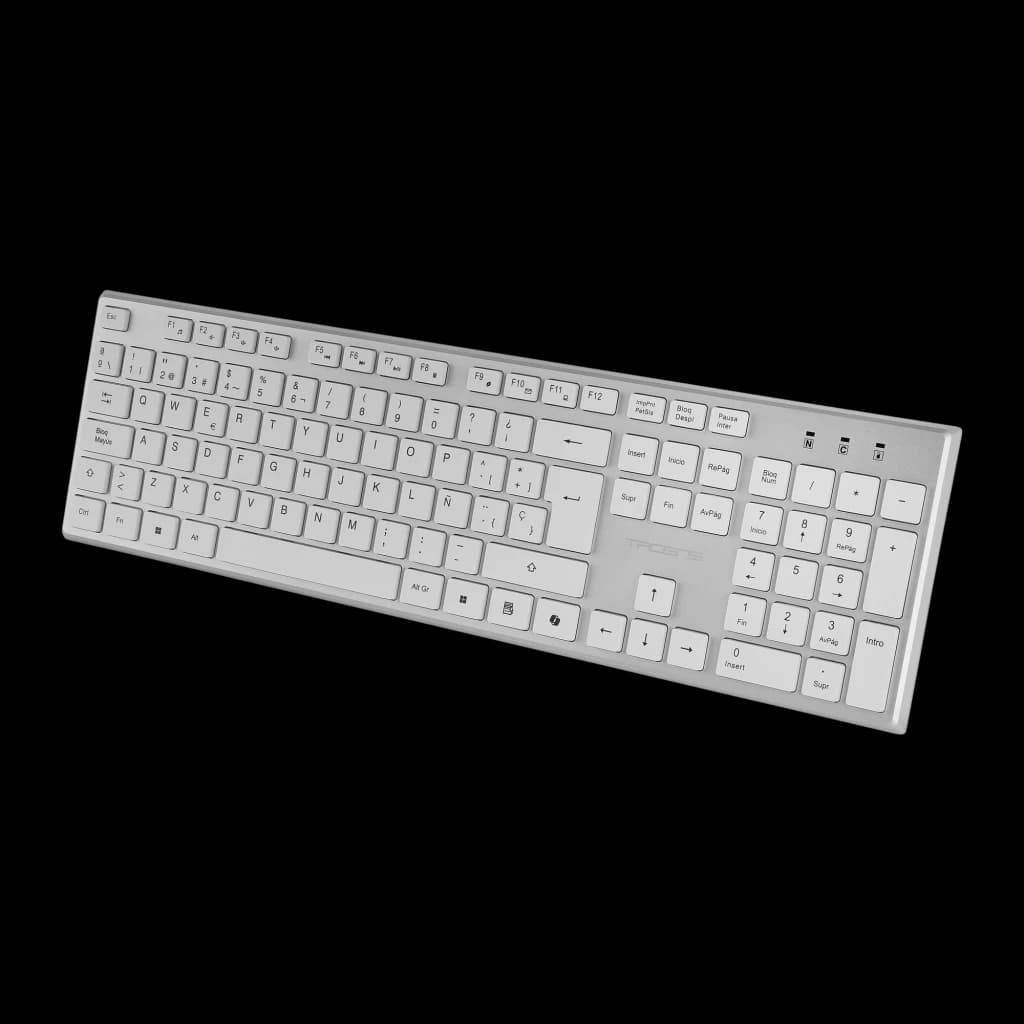 Tacens Zenith 6ZENITHWES blanco, vista en ángulo: perfil delgado del teclado inalámbrico con marco plateado y teclado