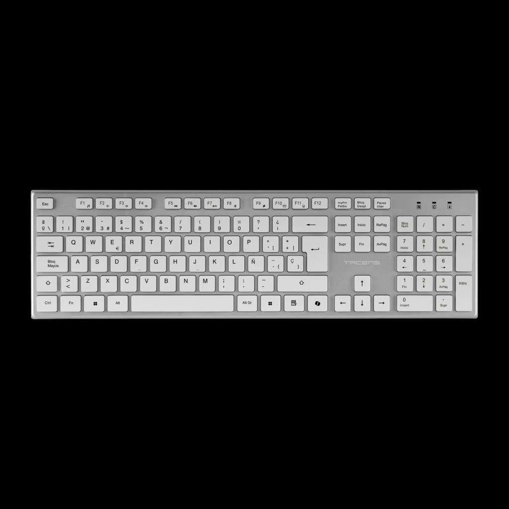 Tacens Zenith 6ZENITHWES blanco, vista superior: teclado QWERTY español completo con marco plateado y teclas blancas