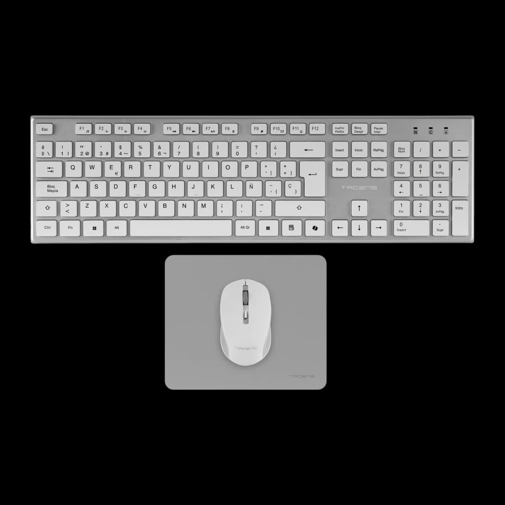 Tacens Zenith 6ZENITHWES blanco, vista superior: teclado QWERTY español, ratón y alfombrilla plateada