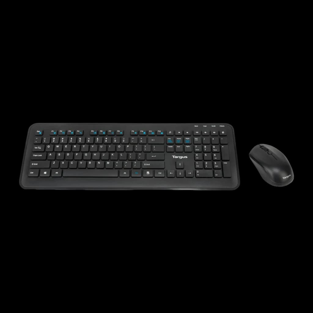 Targus AKM610ES noir, kit complet: clavier et souris sans fil noirs vus de dessus ensemble