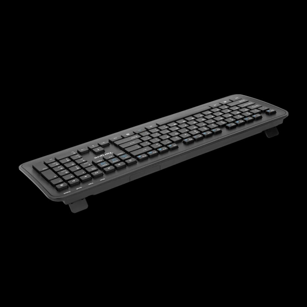 Targus AKM610ES noir, vue latérale arrière: profil du clavier sans fil avec pieds d'inclinaison visibles